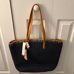 Talbots Navy and Tan Raffia Tote Bag